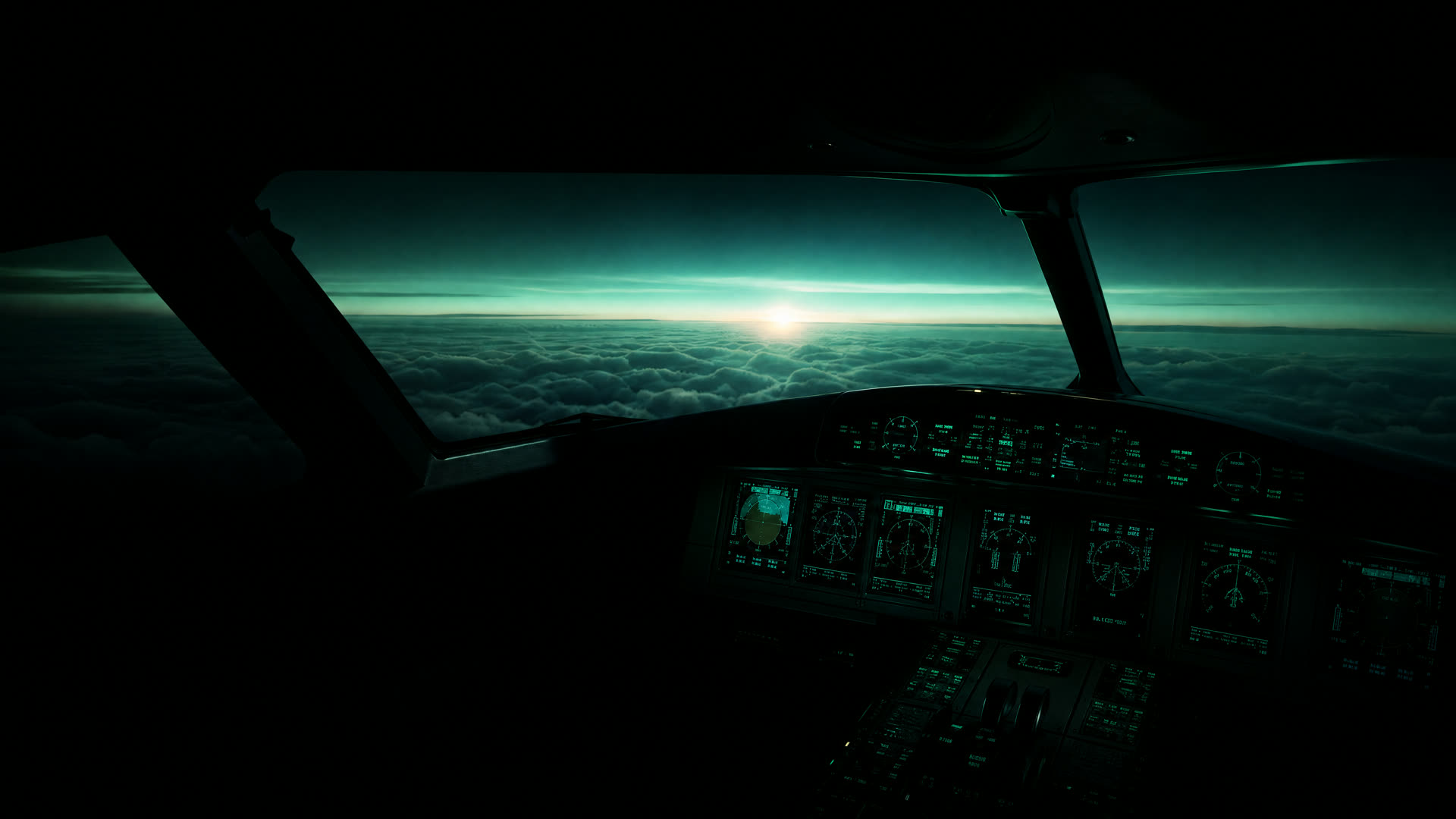 Cabina de mando sobre las nubes al amanecer